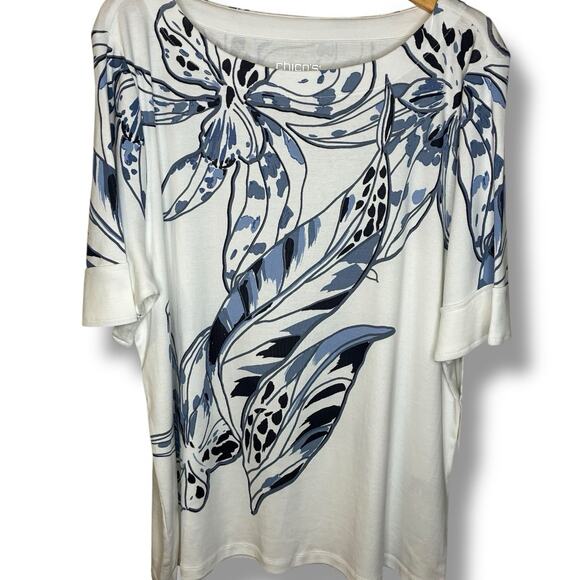 Chico's Top NWT Women's Size 4 (2x) Bateau Neck Pima Cotton Floral Short Sleeve - Picture 2 of 8